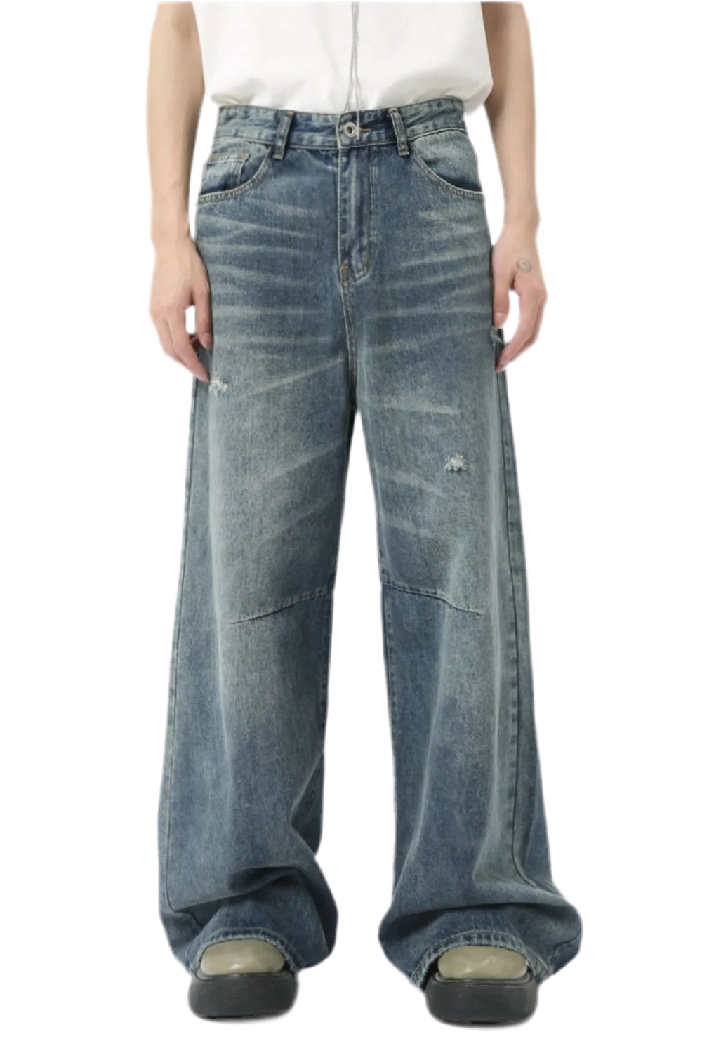 Distressed Wide Leg Men's Jeans with Pockets