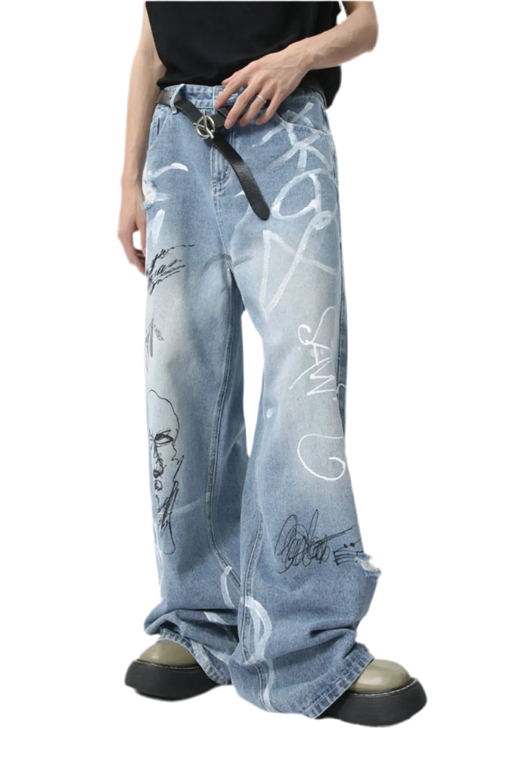 Mid Rise Graffiti Print Distressed Wide Leg Jeans