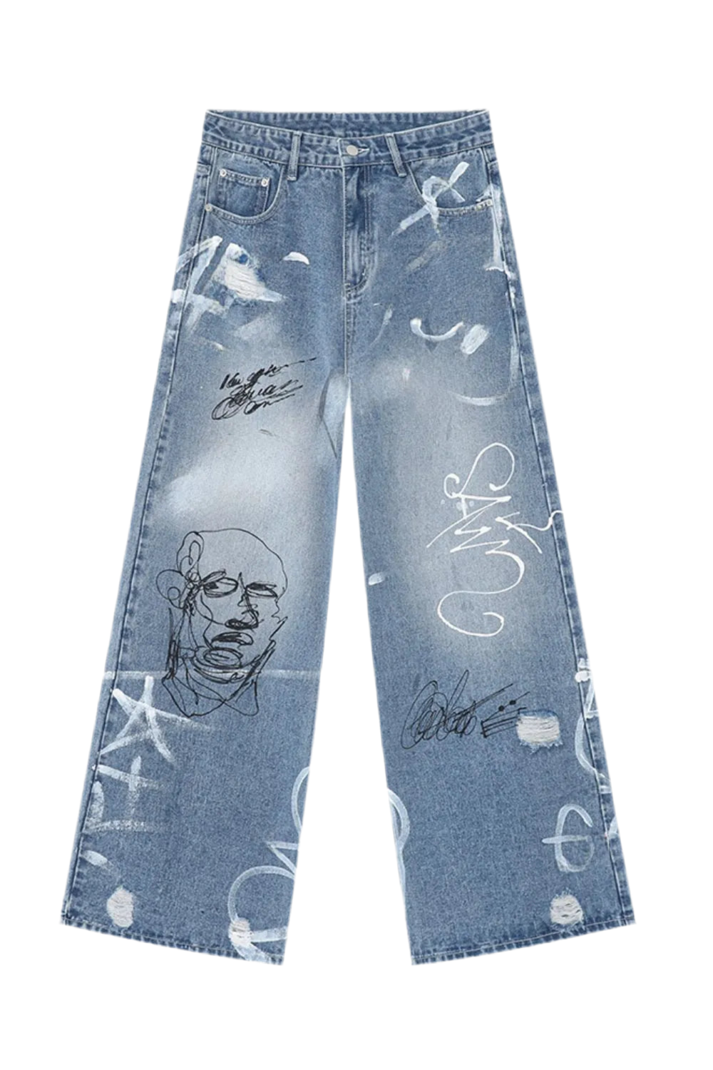 Mid Rise Graffiti Print Distressed Wide Leg Jeans