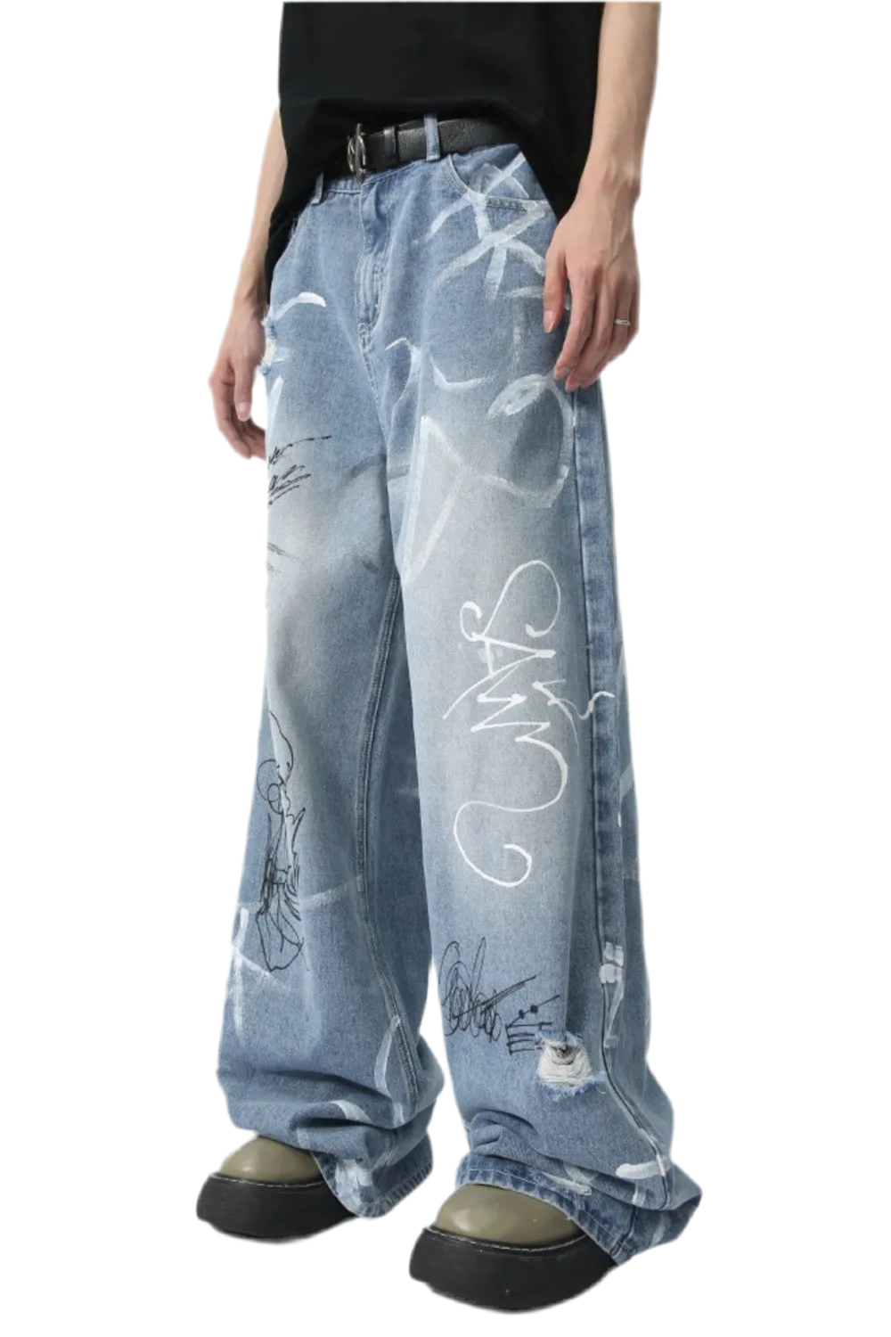 Mid Rise Graffiti Print Distressed Wide Leg Jeans