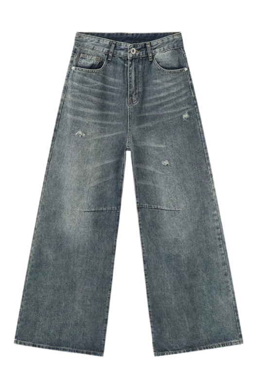 Distressed Wide Leg Men's Jeans with Pockets