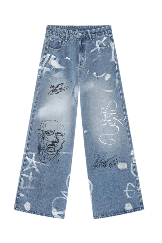 Mid Rise Graffiti Print Distressed Wide Leg Jeans