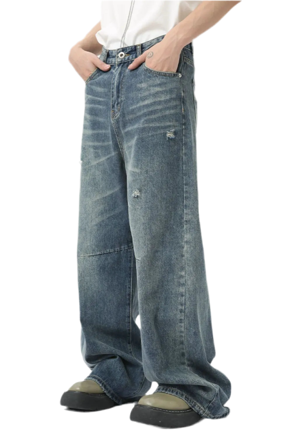 Distressed Wide Leg Men's Jeans with Pockets